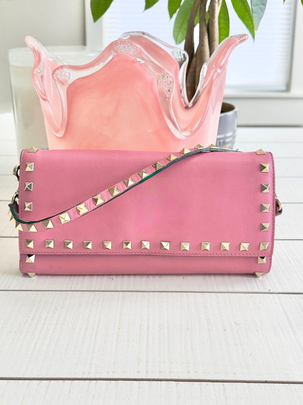 Valentino Garavani Pink Rockstud Wallet w Strap, WOC, Clutch